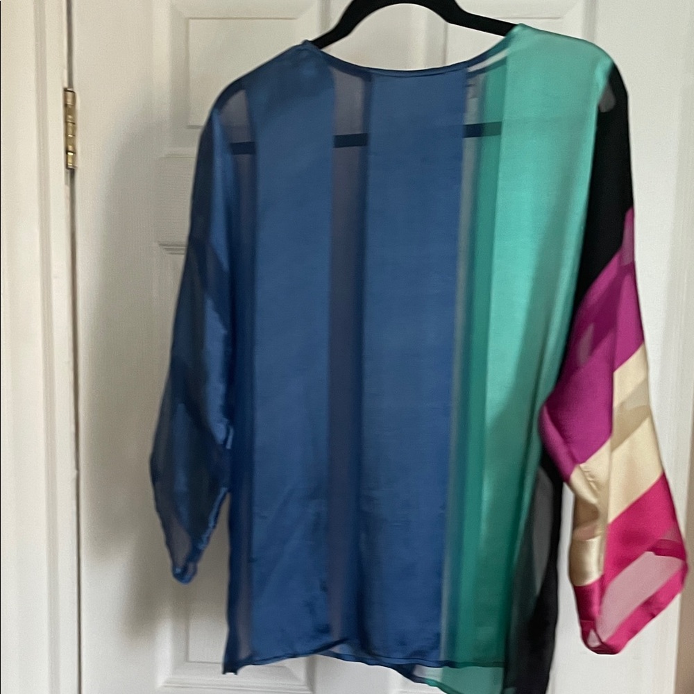 Sheer Colorblock Women's  100 % silk Top - Blue, Teal & Pink